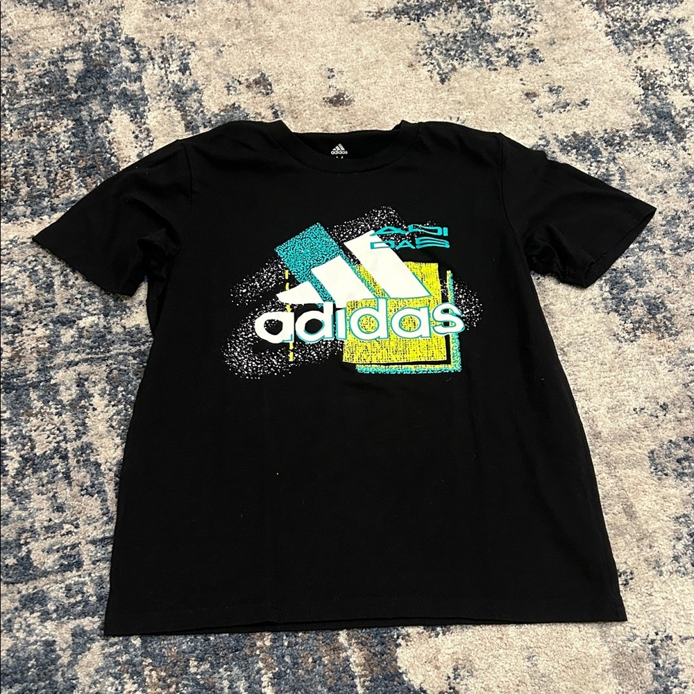 Adidas Kids Black Tee with Teal and Yellow Graphic